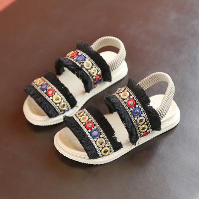 Sandale dragute copii pentru fete cu motive etnice in negru, rosu si alb