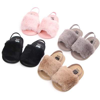 Children`s modern sandals with down in black, beige, gray and pink