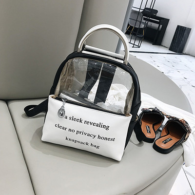 Rucsac modern de dama cu elemente transparente si inscriptie in trei culori