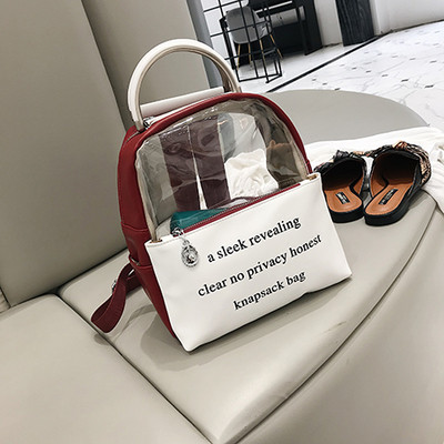 Rucsac modern de dama cu elemente transparente si inscriptie in trei culori