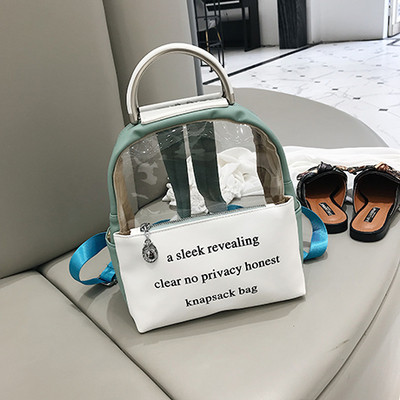 Rucsac modern de dama cu elemente transparente si inscriptie in trei culori