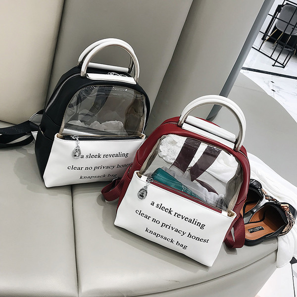 Rucsac modern de dama cu elemente transparente si inscriptie in trei culori