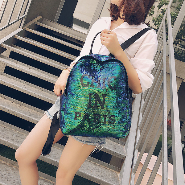 Rucsac de damă cu paiete și inscripție în mai multe culori