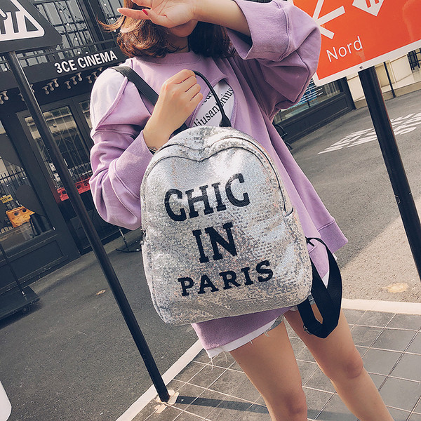 Rucsac de damă cu paiete și inscripție în mai multe culori