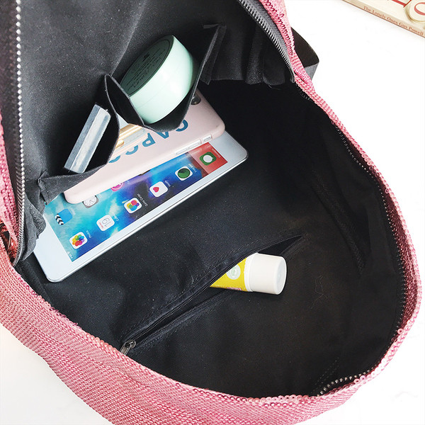 Rucsac de damă cu paiete și inscripție în mai multe culori