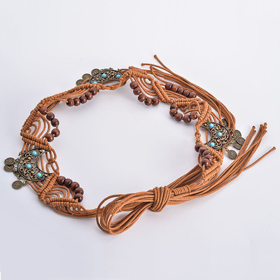 Curea de dama tricotata in stil etno cu margele decorative