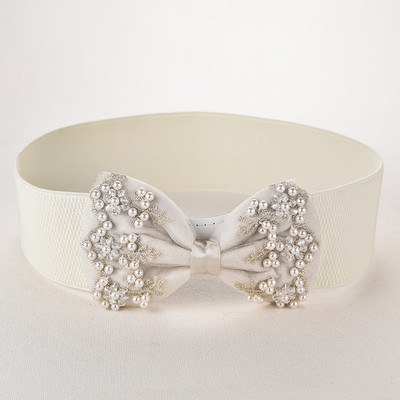 Curea elastica dama cu element panglica cu perle decorative si broderie