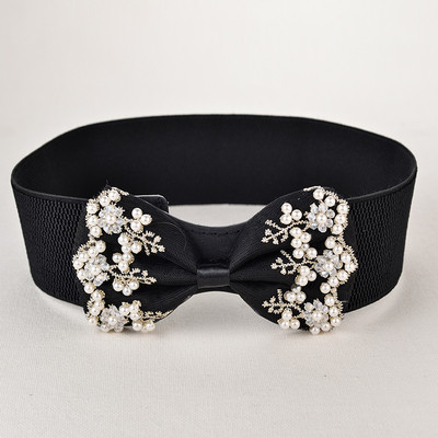 Curea elastica dama cu element panglica cu perle decorative si broderie