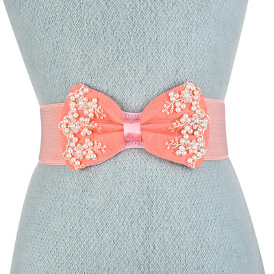 Curea elastica dama cu element panglica cu perle decorative si broderie