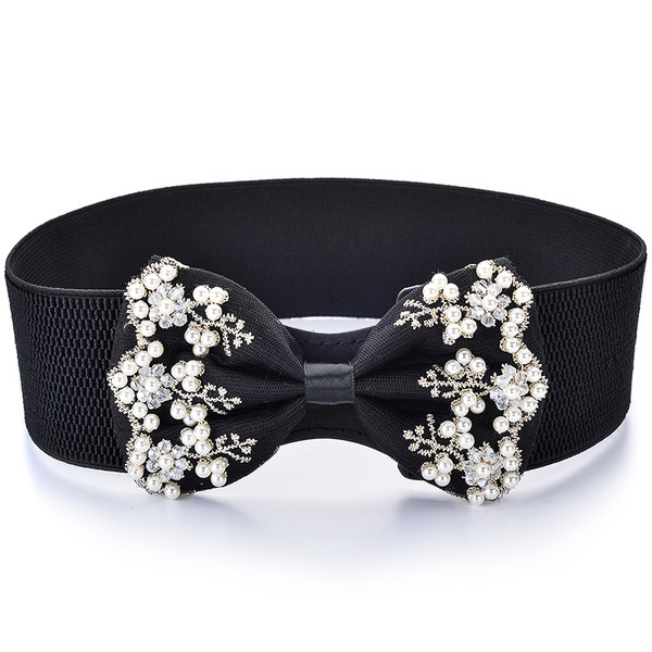 Curea elastica dama cu element panglica cu perle decorative si broderie