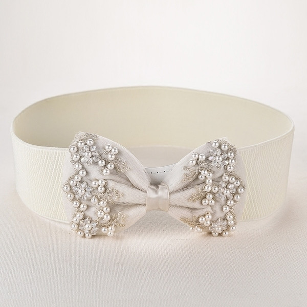 Curea elastica dama cu element panglica cu perle decorative si broderie