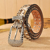 Curea moderna de dama cu model leopard cu pietre decorative