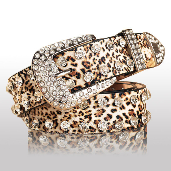 Curea moderna de dama cu model leopard cu pietre decorative