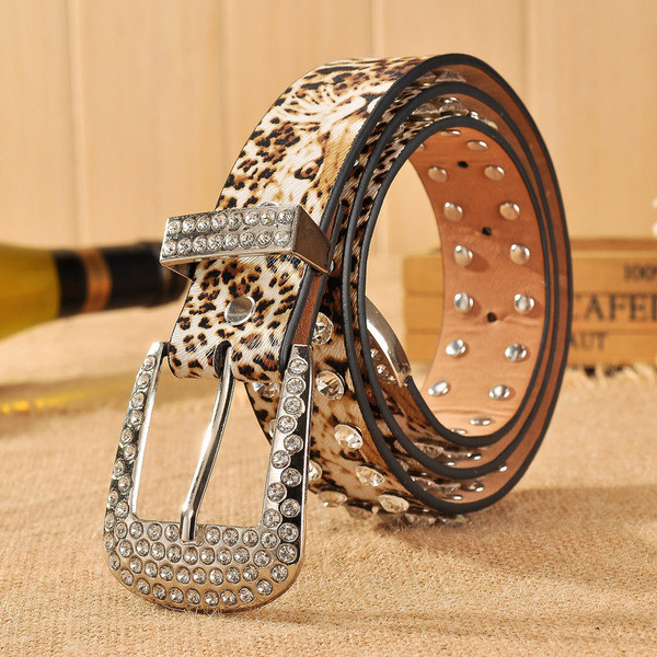 Curea moderna de dama cu model leopard cu pietre decorative