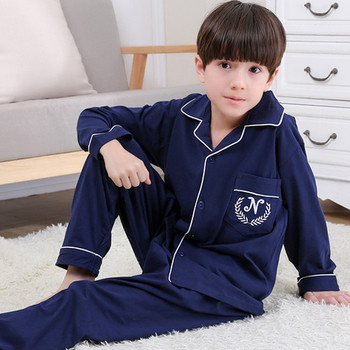 Памучна детска пижама за момчета с с дълъг ръкав-риза и дълги панталони в пет цвята