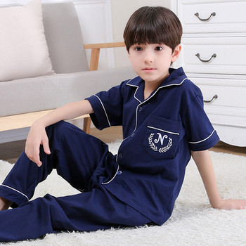 Удобна детска памучна пижама с къс ръкав риза и дълги панталони в пет цвята