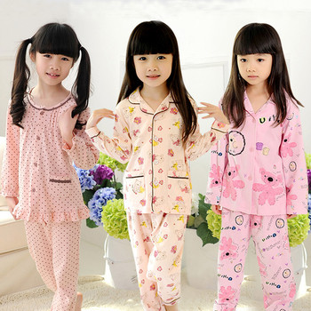 Памучна пижама за момичета с дълъг ръкав и дълги панталони в три цвята