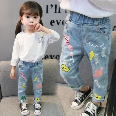 Детски модерни дънки за момиче с ластична талия и апликации