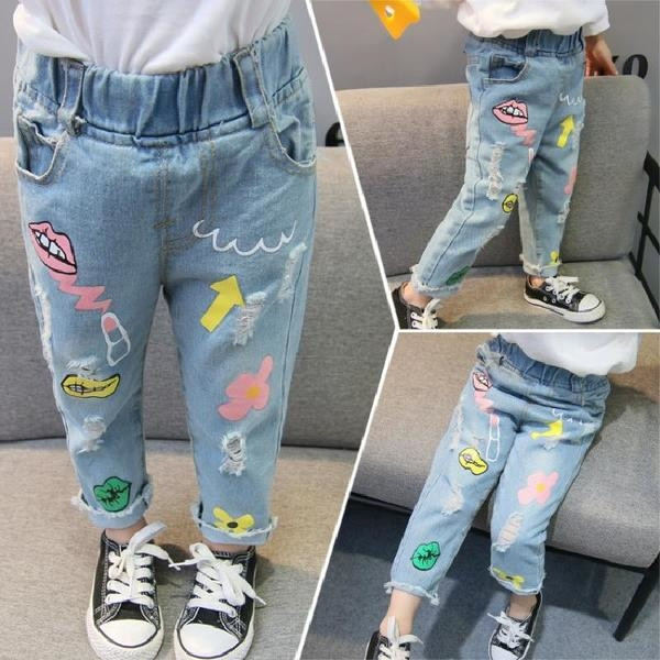 Blugi copii moderni pentru fete cu talie elastica si aplicatii