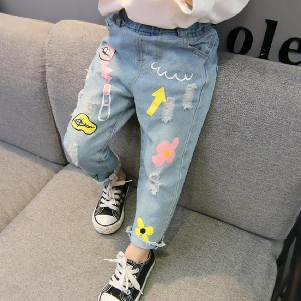 Blugi copii moderni pentru fete cu talie elastica si aplicatii