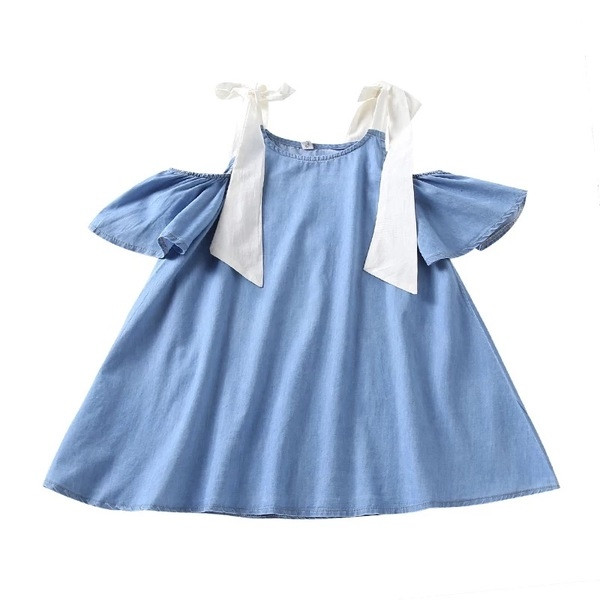 Rochie eterica pentru copii cu umerii goi cu cravate si panglici