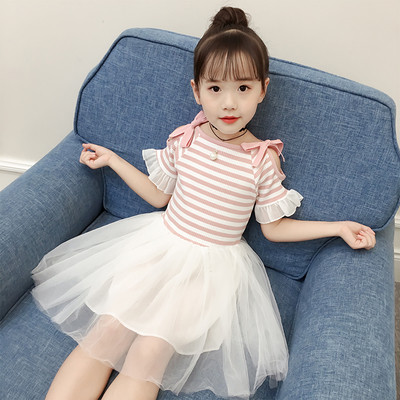 Rochie pentru copii in dungi cu tul si panglica in trei culori