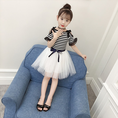 Rochie pentru copii in dungi cu tul si panglica in trei culori