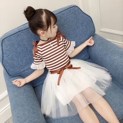 Rochie pentru copii in dungi cu tul si panglica in trei culori