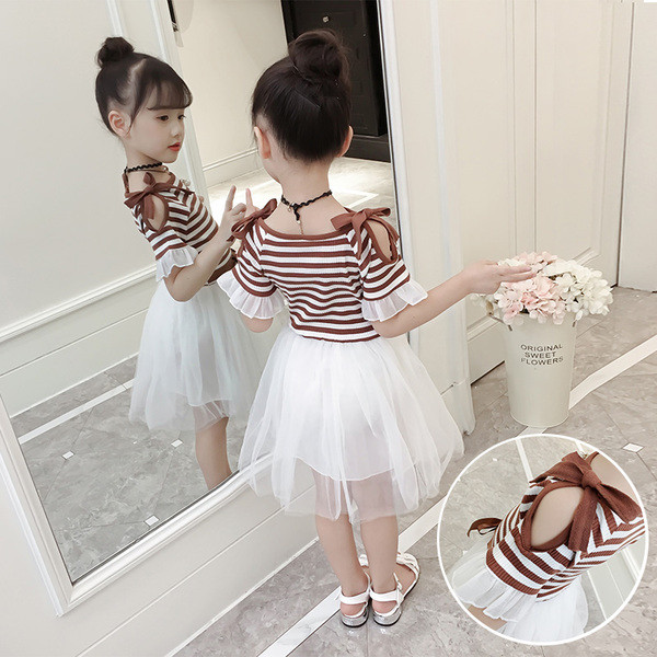 Rochie pentru copii in dungi cu tul si panglica in trei culori