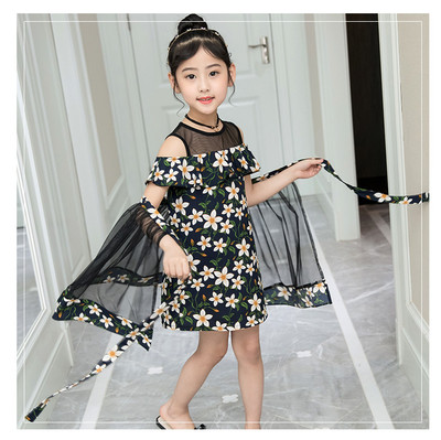 Rochie moderna pentru copii cu motive florale si tul in doua culori