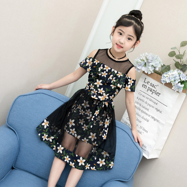 Rochie moderna pentru copii cu motive florale si tul in doua culori