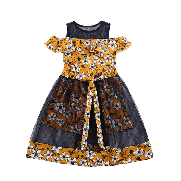 Rochie moderna pentru copii cu motive florale si tul in doua culori