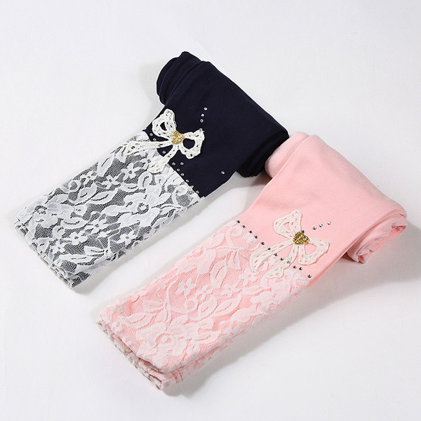 Jambiere copii pentru fata cu broderie si dantela in doua culori