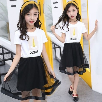 Детска модерна рокля за момичета с тюл и апликация