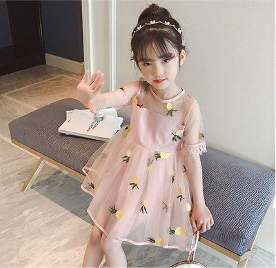 Rochie moderna pentru copii cu aplicatie si plasa in doua culori