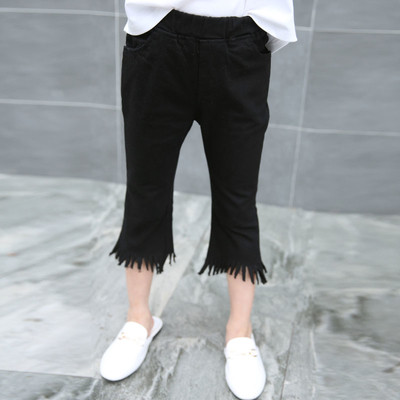 Pantaloni copii pentru fete cu lungime 7/8 si franjuri in alb si negru