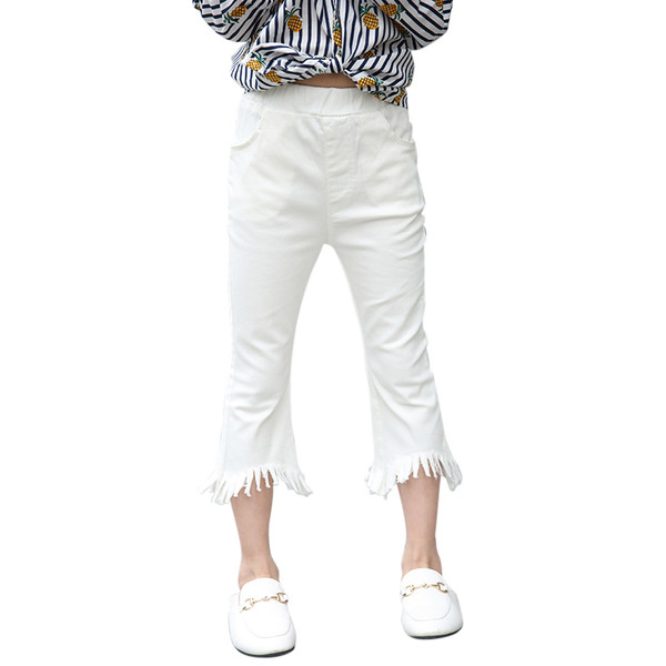 Pantaloni copii pentru fete cu lungime 7/8 si franjuri in alb si negru