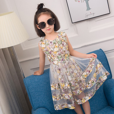 Παιδικό φόρεμα μόδας με floral μοτίβα και δίχτυ σε τέσσερα χρώματα