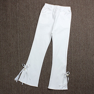 Pantaloni copii pentru o fata cu talie inalta si panglica in trei culori