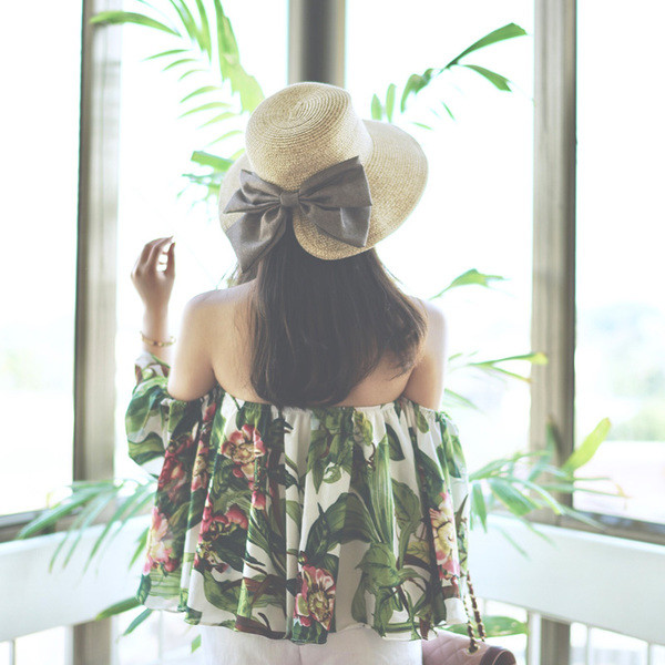 Pălărie de plajă pentru femei cu decor panglică în patru culori