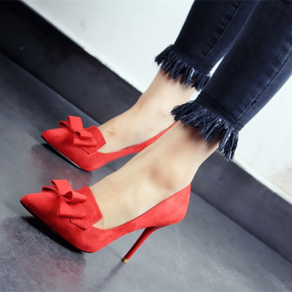 Pantofi moderni de dama din piele intoarsa cu panglica