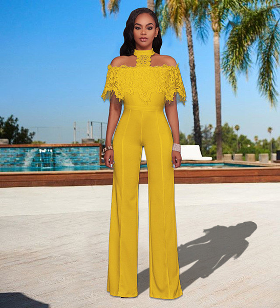 Salopetă de damă elegantă cu umăr căzut și dantelă în cinci culori