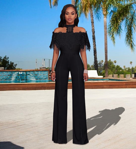 Salopetă de damă elegantă cu umăr căzut și dantelă în cinci culori