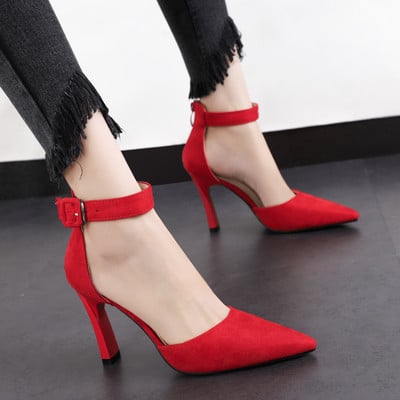 Pantofi de dama de piele intoarsa semideschisi cu inchidere la glezna