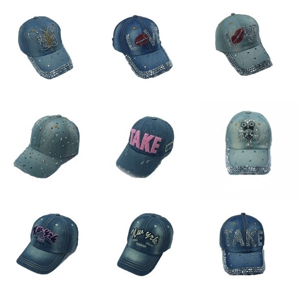 Női farmer sapka napellenzővel és lyukakkal, különböző modellekben