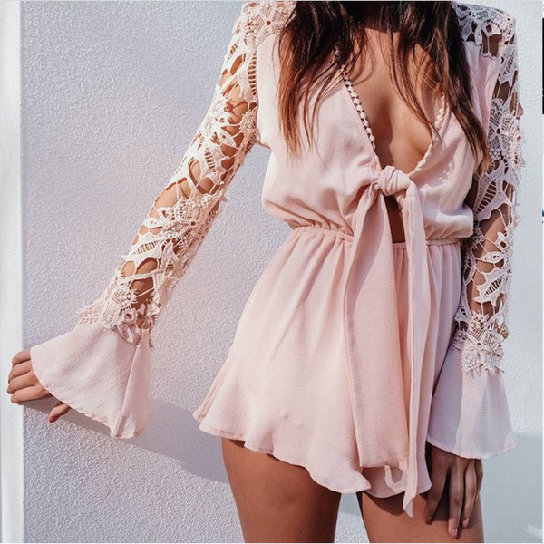 Salopeta de dama eleganta pentru vara cu dantela si decolteu in V in patru culori