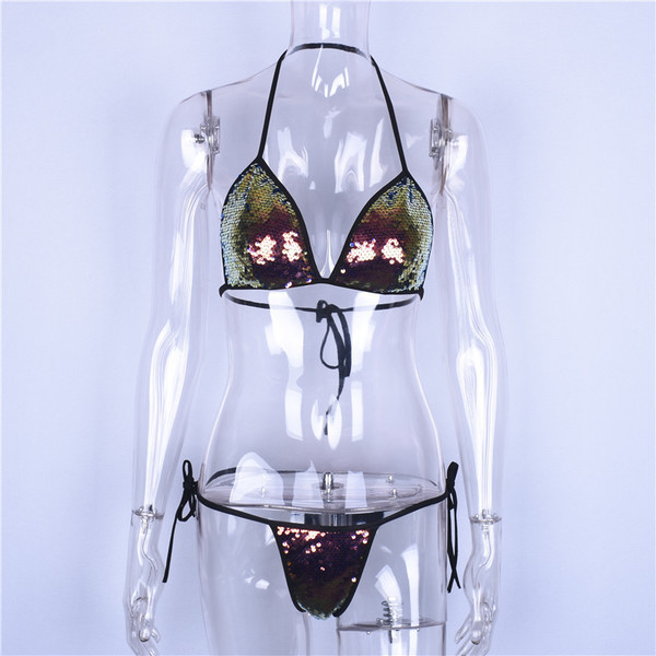 Lovit! Costum de baie de damă din 2 piese cu paiete strălucitoare