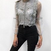 NOU cămașă modernă de damă cu dantelă și mâneci transparente în 5 culori