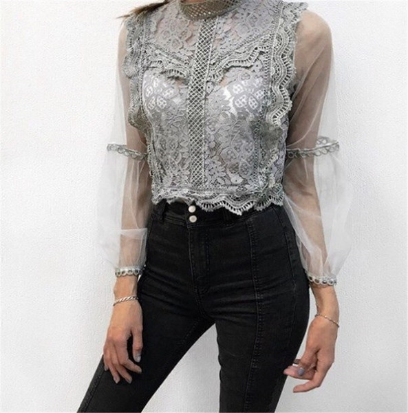 NOU cămașă modernă de damă cu dantelă și mâneci transparente în 5 culori