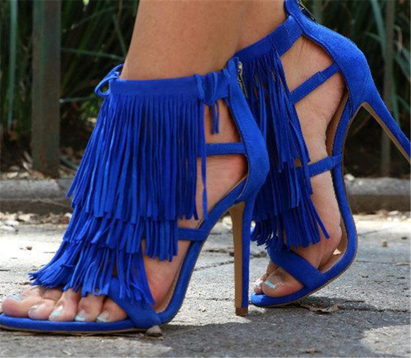 Sandale de dama NOI cu toc de 12 cm si franjuri in doua culori